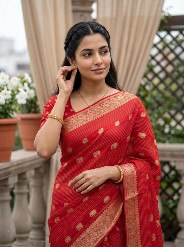 Semi Georgette Banarasi  Red Gold Zari Elephant Motif Paisley Border Saree