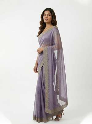 Shimmer Organza Lavender Purple Stone Studded Saree with Zari Embroidered Border