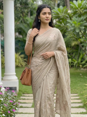 Chiffon Taupe Saree with 3D Floral Applique Embroidery