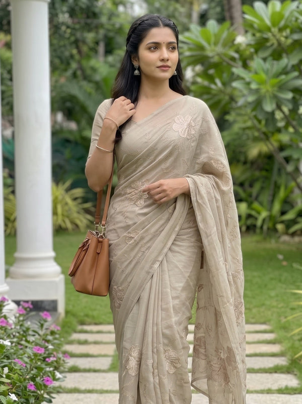 Chiffon Taupe Saree with 3D Floral Applique Embroidery