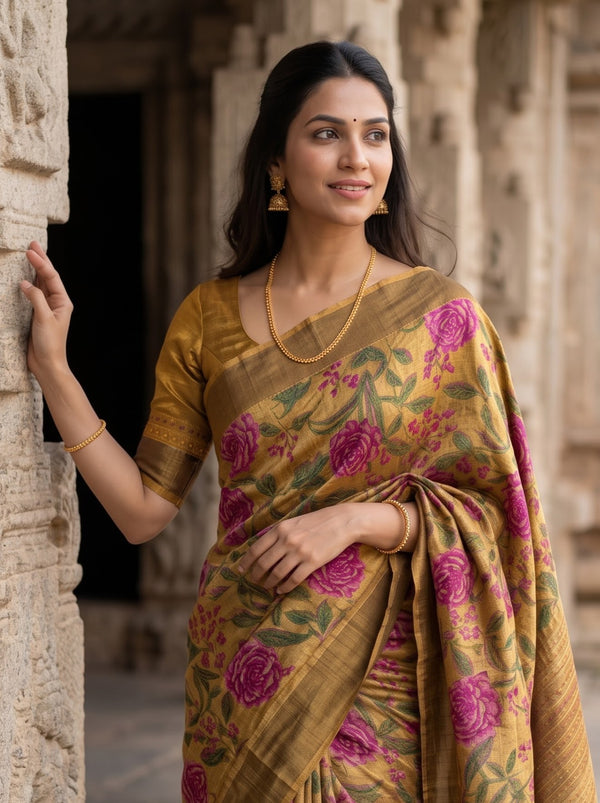 Tussar Silk Mustard Yellow Saree with Kantha Embroidered Rose Floral Print