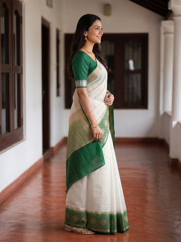 Semi Chanderi Off White Green Shaded Border Zari Medallion Saree