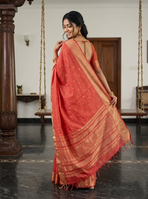Chanderi Red Zari Coin Motif Saree