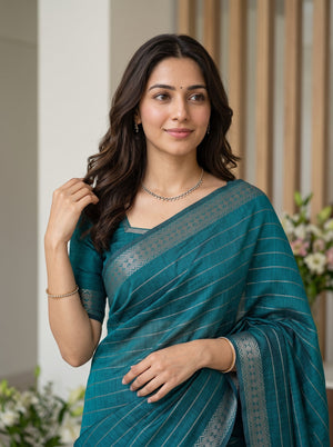 Matka Silk Peacock Green Silver Striped Dense Zari Motif
