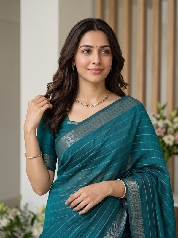 Matka Silk Peacock Green Silver Striped Dense Zari Motif