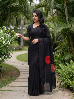 Kota Doria Black Red Circular Chevron Motif Saree