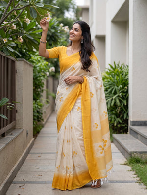 Cotton White Saree with Mustard Yellow Border and Sprig Print