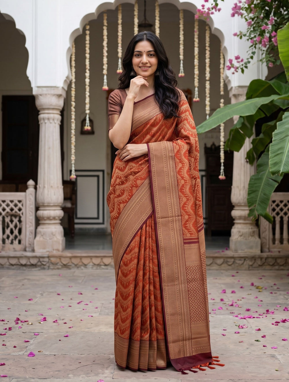 Kanjivaram Brocade Saree in Rust Orange with Maroon Diamond Lattice Pallu