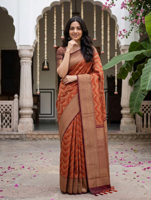Kanjivaram Brocade Saree in Rust Orange with Maroon Diamond Lattice Pallu