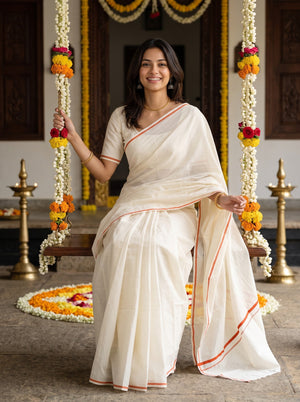 Cotton Cream Off-White Thin Orange Line Border Onam Kerala Saree