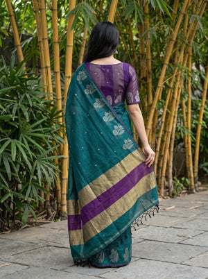Cotton Teal Green Saree with Purple Golden Striped Border