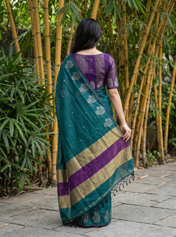 Cotton Teal Green Saree with Purple Golden Striped Border
