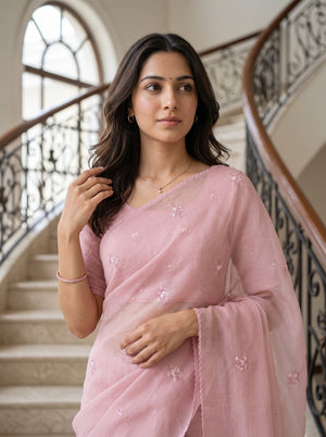 Organza Light Pink Floral Embroidered Saree