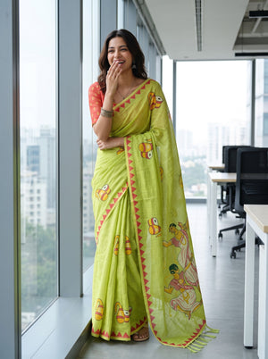 Cotton Lime Green Saree with Folk Dancer Print