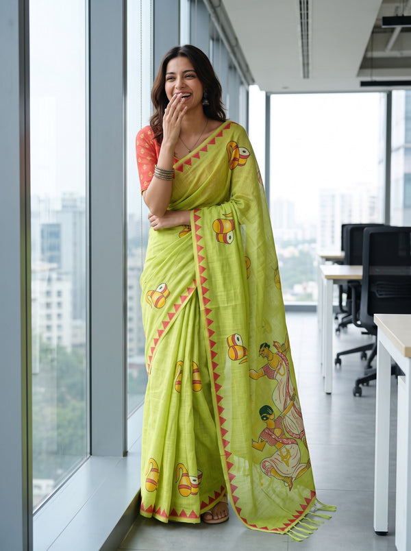 Cotton Lime Green Saree with Folk Dancer Print