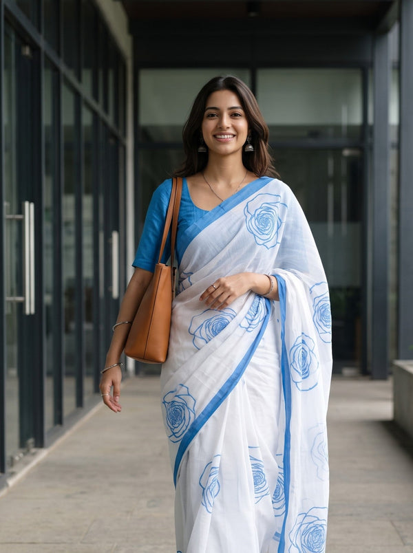 Cotton White Blue Rose Print Saree