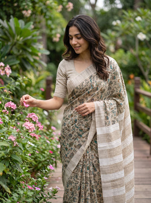 Chanderi Cotton Beige Tribal Scenic Beaded Print Saree with Striped Pallu