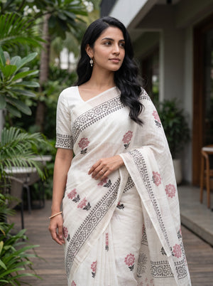 Linen White Block Print Saree with Black Border and Red Floral Motifs
