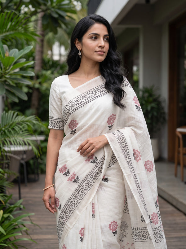 Linen White Block Print Saree with Black Border and Red Floral Motifs