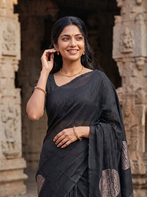 Matka Silk Black Zari Circular Medallion Saree with Tassels