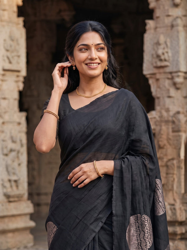 Matka Silk Black Zari Circular Medallion Saree with Tassels
