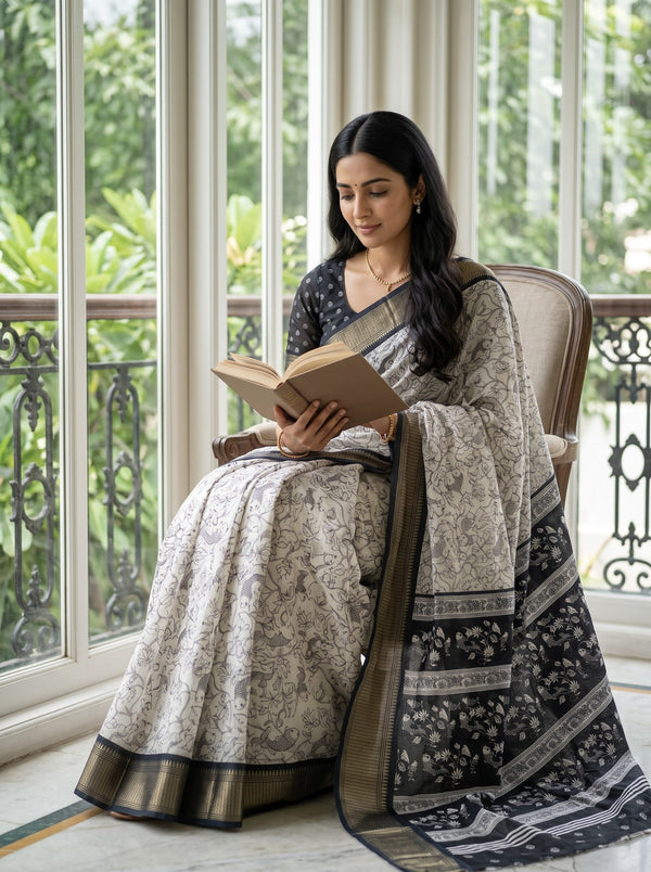 Chanderi White Saree with Black Floral Print, Contrast Border