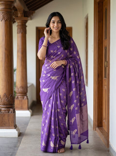 Cotton Silk Purple Saree with Golden Bird Motif Pallu