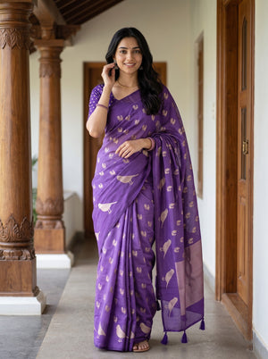 Cotton Silk Purple Saree with Golden Bird Motif Pallu