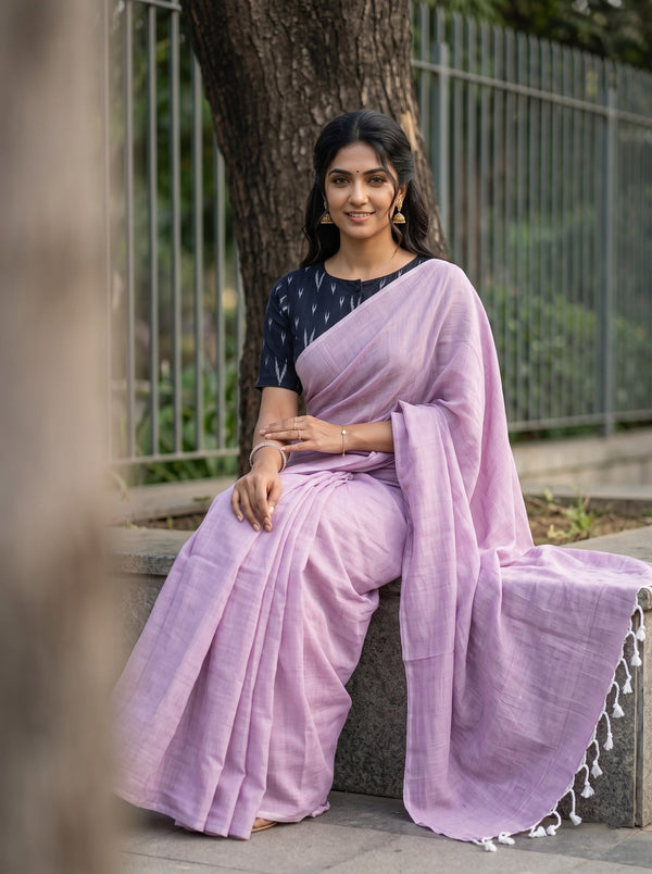 Cotton Mauve Pink Saree with White Tassels