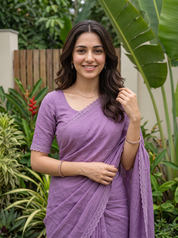 Cotton Linen Lavender Purple Saree with Lace Border and Horizontal Stripe Details in pallu
