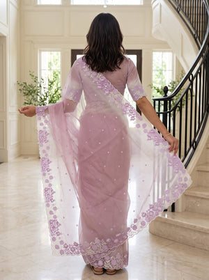 Organza Mauve Contrast White Floral Lace Border Saree
