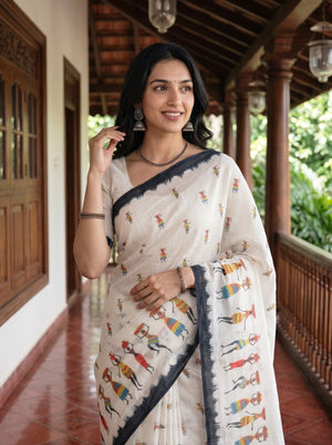 Cotton Saree in White with Ethnic Tribal Figure Motif