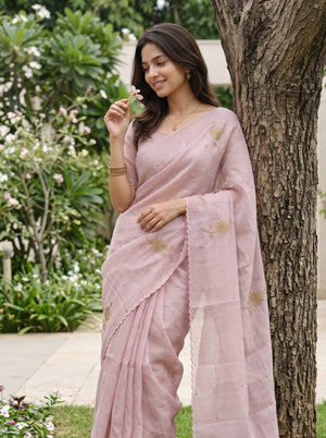 Linen Mauve Pink Saree with Golden Beadwork Floral Sprig Motifs and Scallop Edge