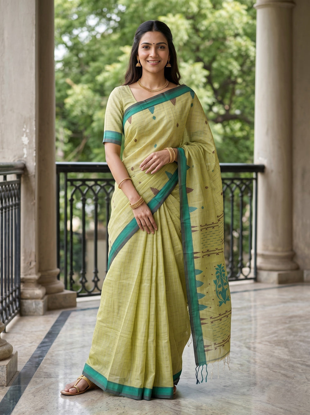 Cotton Lime Green Teal Border Handloom Booti Saree