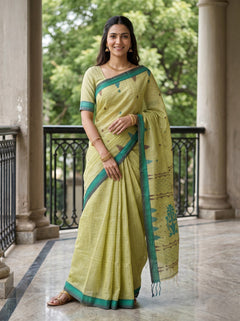 Cotton Lime Green Teal Border Handloom Booti Saree