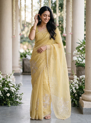 Chiffon Pastel Yellow Floral Sequin Embroidered Saree
