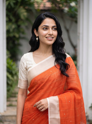 Chanderi Cotton Orange Saree with Cream Zari Checked Bord