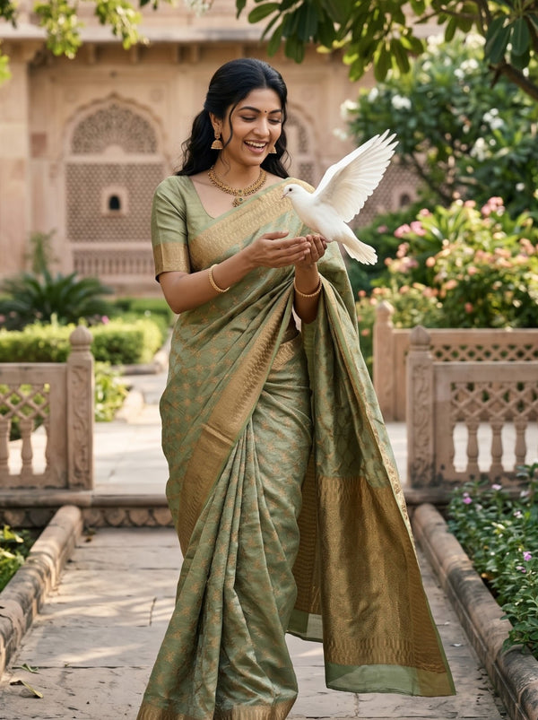 Tussar Silk Sage Green Saree with Antique Zari Lattice Jaal Weave