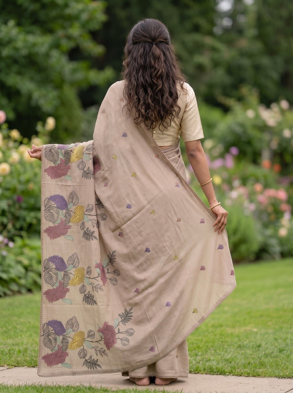 Chanderi Cotton Beige Saree Chrysanthemum Embroidery with Scattered Tulip Buds