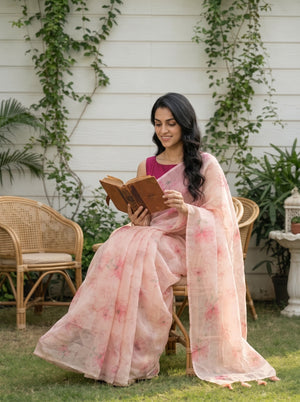 Organza Peach Pink Watercolor Floral Print Saree with Peach Tassels