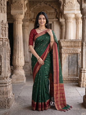 Semi Silk Bottle Green Red Zari Ganesha Motif Saree with Tassels