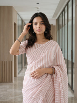 Tissue Peach Beige Striped Saree with Golden Sequin Wave Accents and Fringe