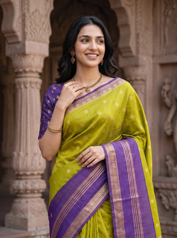 Semi Silk Olive Green Purple Mix Fabric Coin Motif Saree