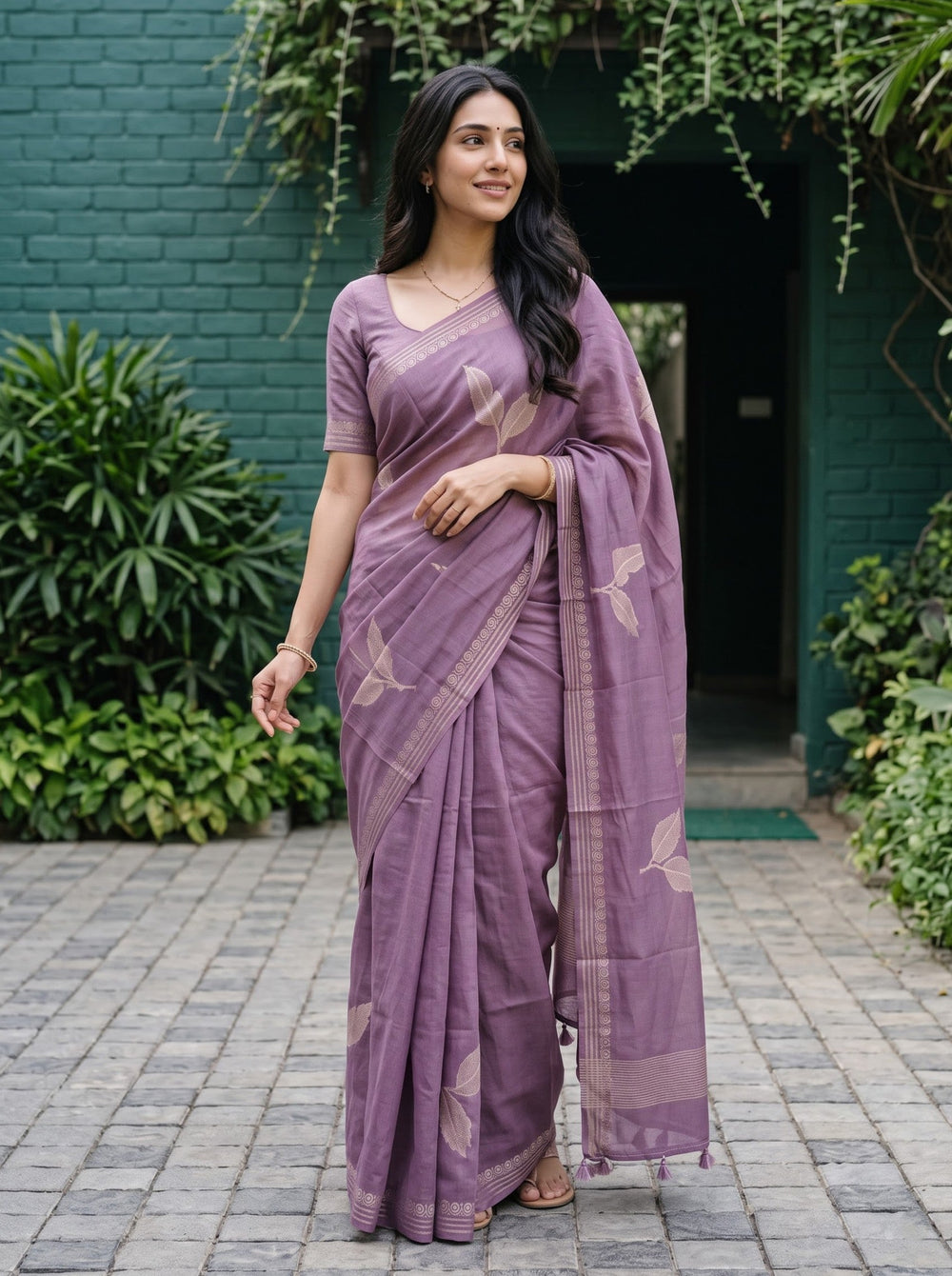 Organza Mauve Purple Veined Leaf Motif Saree & Tassels
