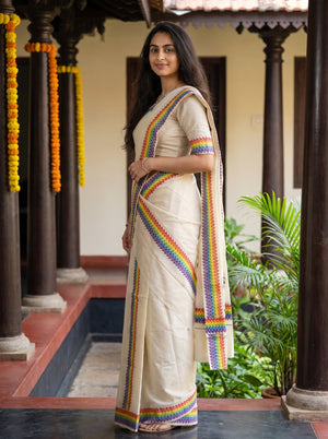 Cotton Cream Rainbow Triangle Border Onam Set Mundu