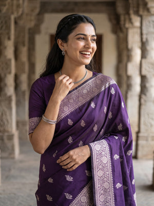 Banarasi Silk Deep Purple Silver Zari Floral Framed Panel Saree with Tassels