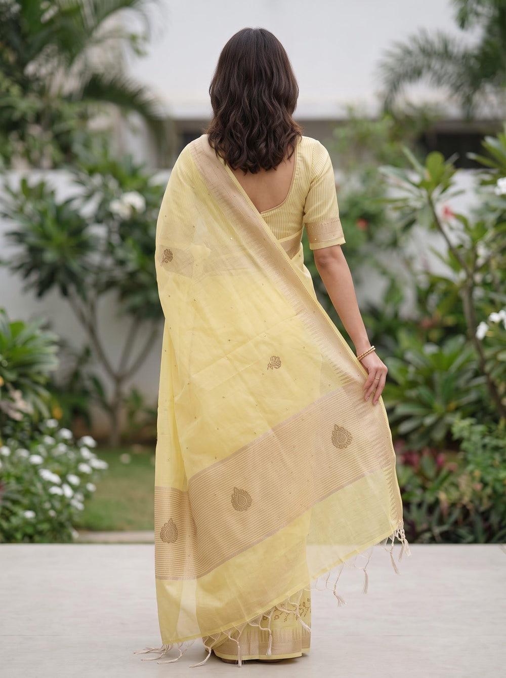 Linen Yellow Saree with Gold Bead Floral Vine Border