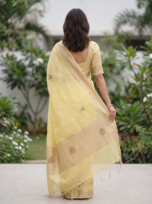 Linen Yellow Saree with Gold Bead Floral Vine Border
