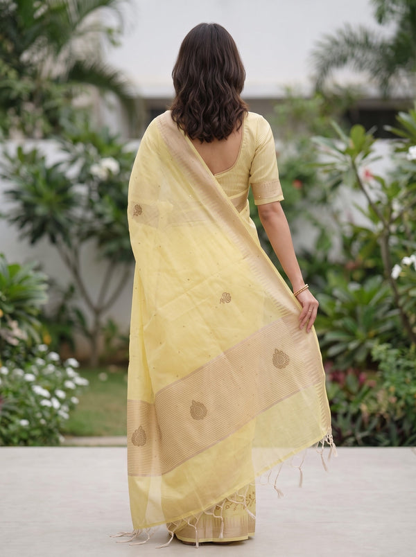 Linen Yellow Saree with Gold Bead Floral Vine Border