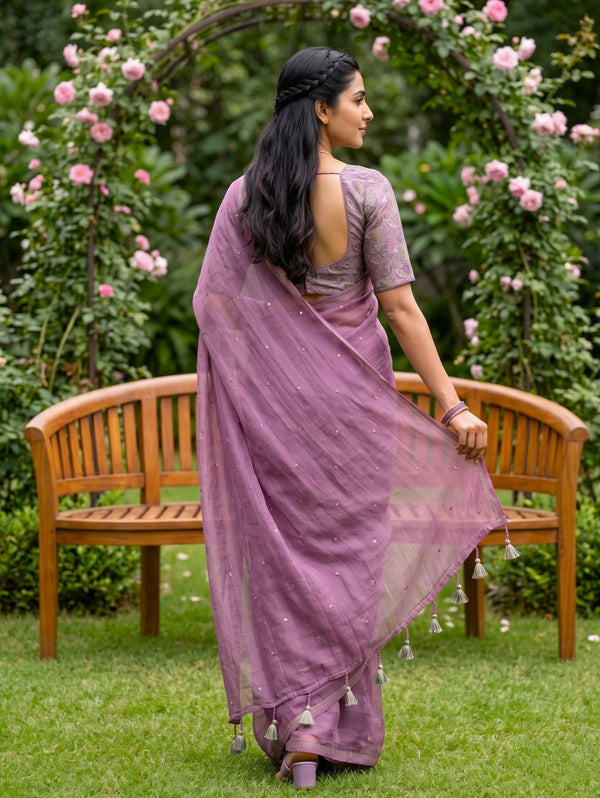 Chiffon Dusty Purple Saree with Sequin Dots and Grey Tassels